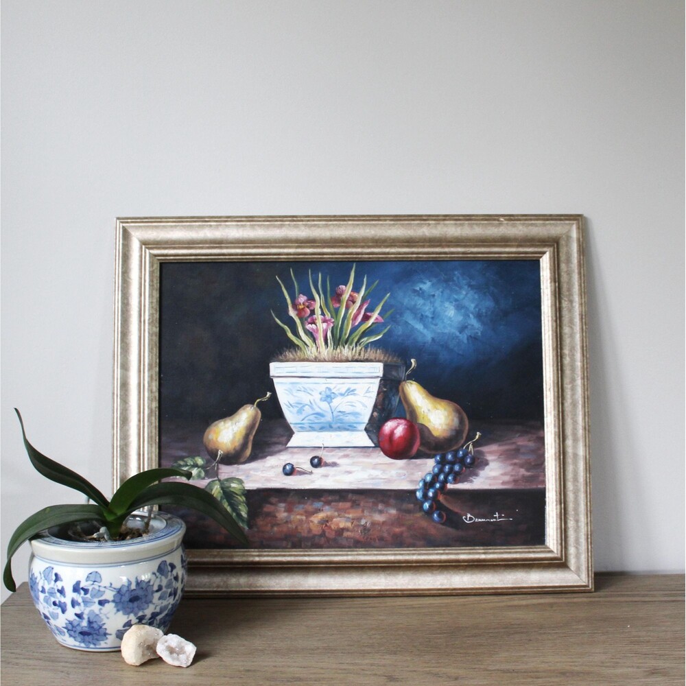 Vintage Original Framed Floral Fruit Still Life Oil On Canvas Moody Painting
